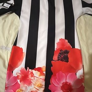 Black and White Striped Dress with Floral Design